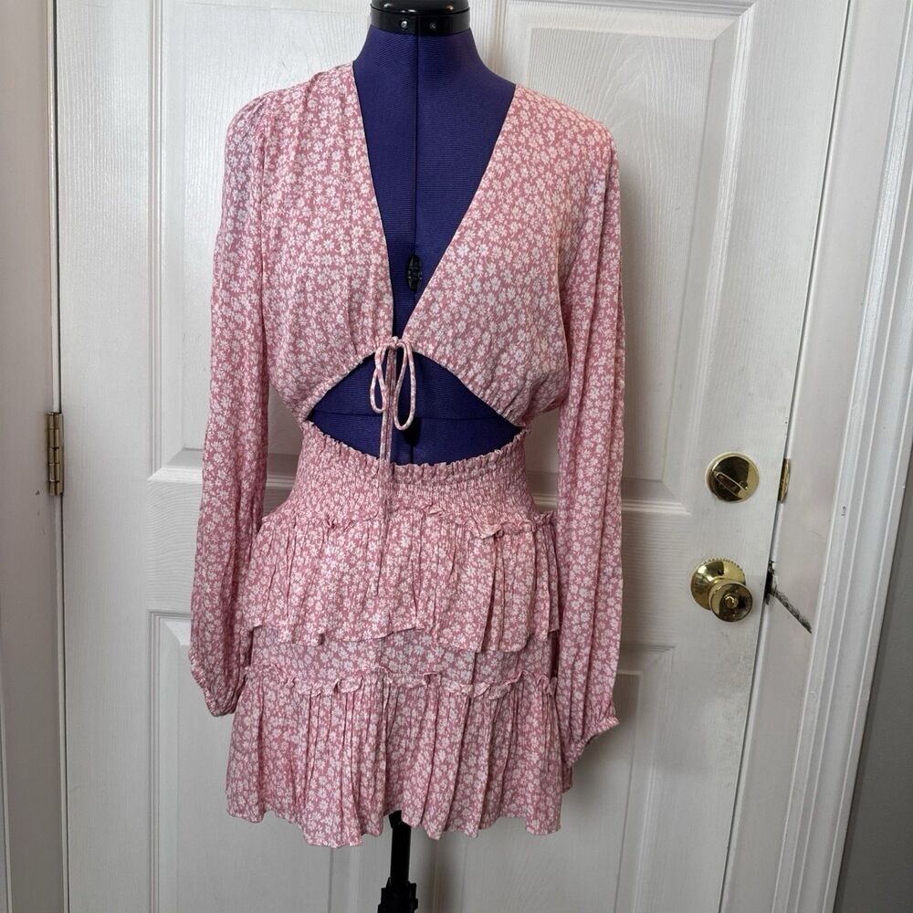 Mable Women Pink Boho V Neck CutOut Floral Smocked Tiered Dress Long Sleeve Sz M
